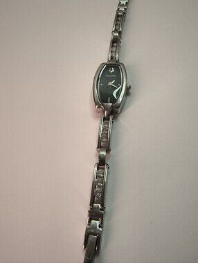 Dainty Bulova Silver Tone Watch Bracelet with Black Dial Crystal Accents
